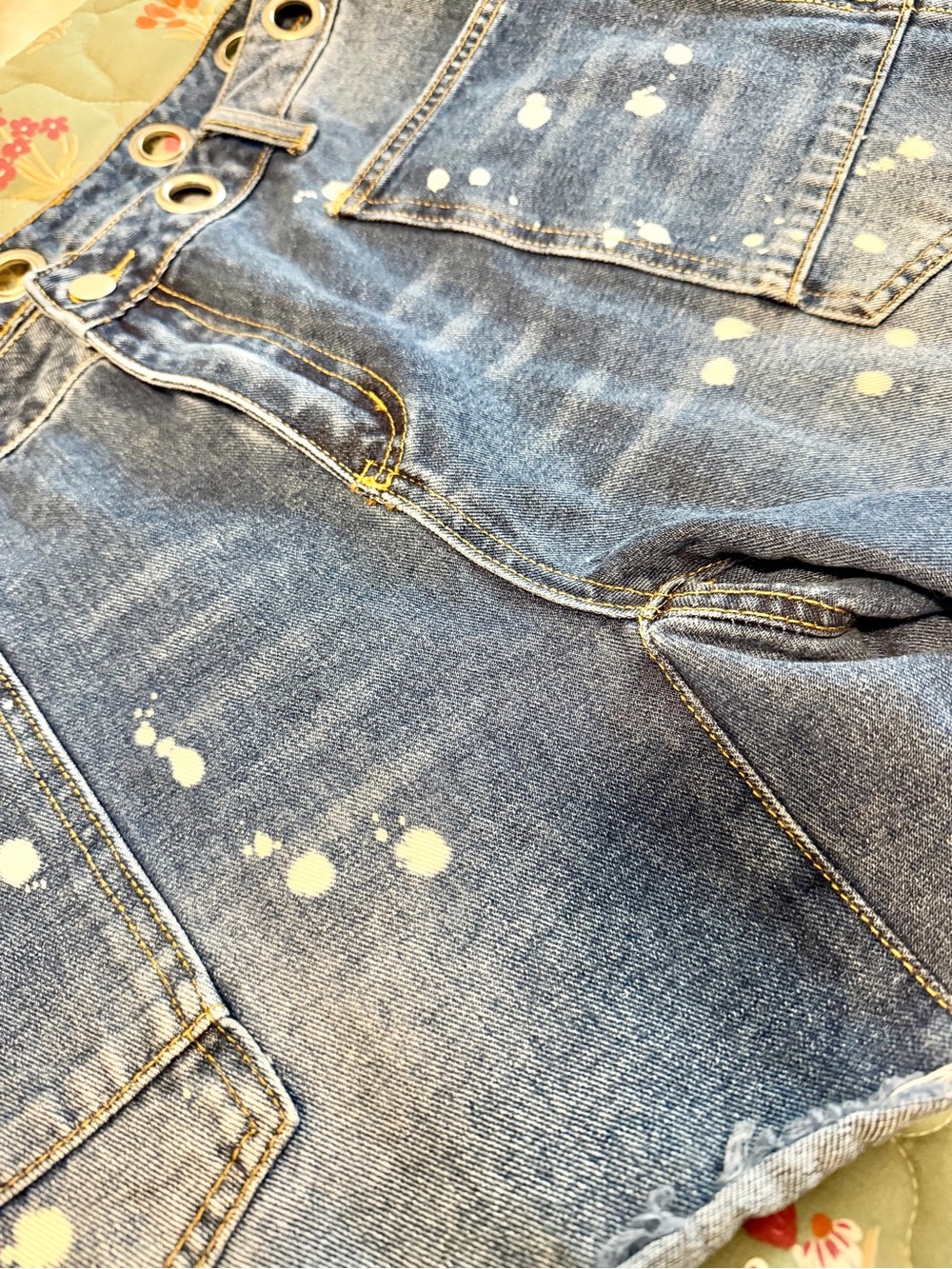 Dark Blue Distressed Denim Women's Shorts with Grommet Waist - Picture 3 of 6